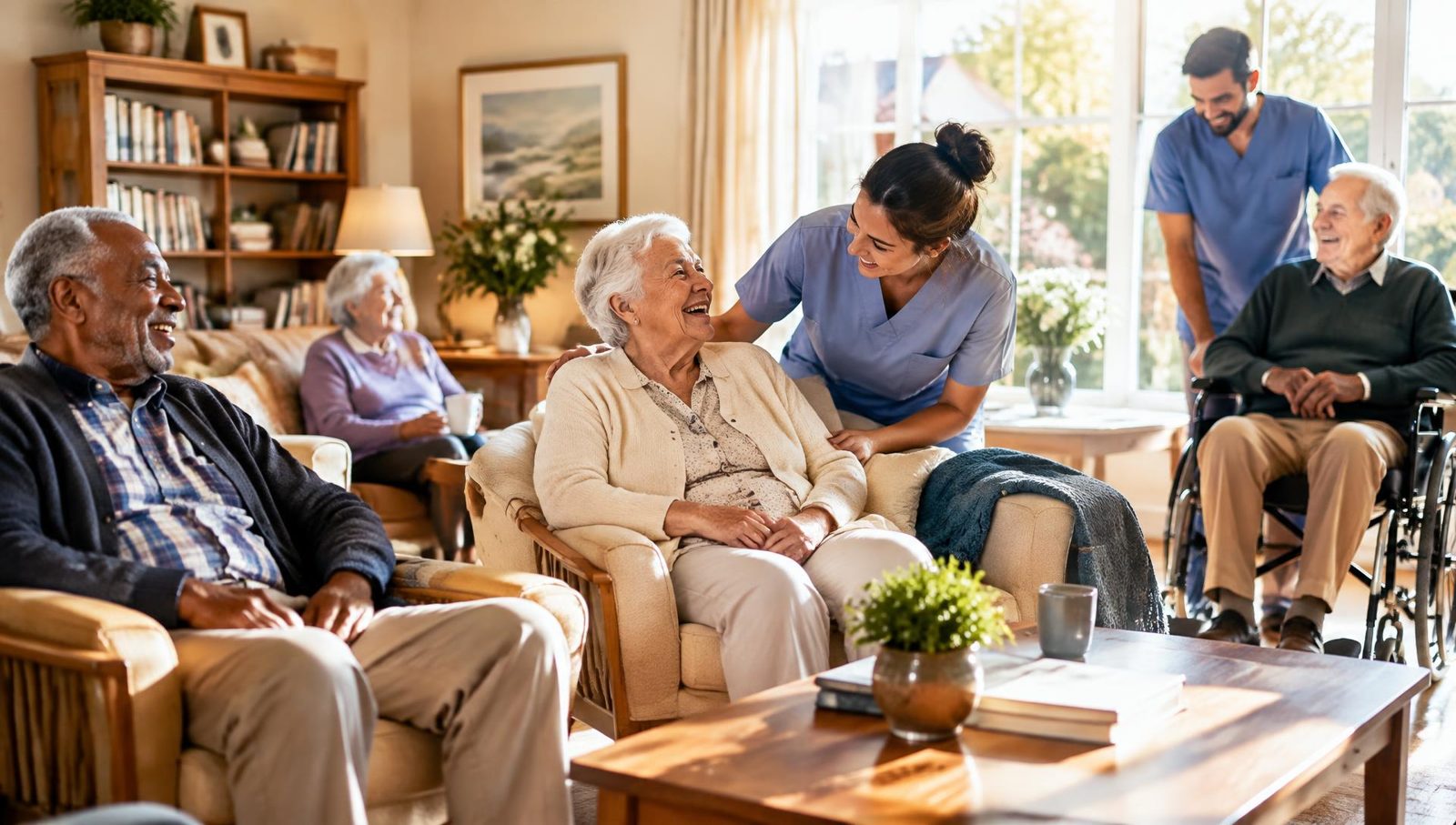 Caregivers and residents sharing a laugh in an assisted living lounge