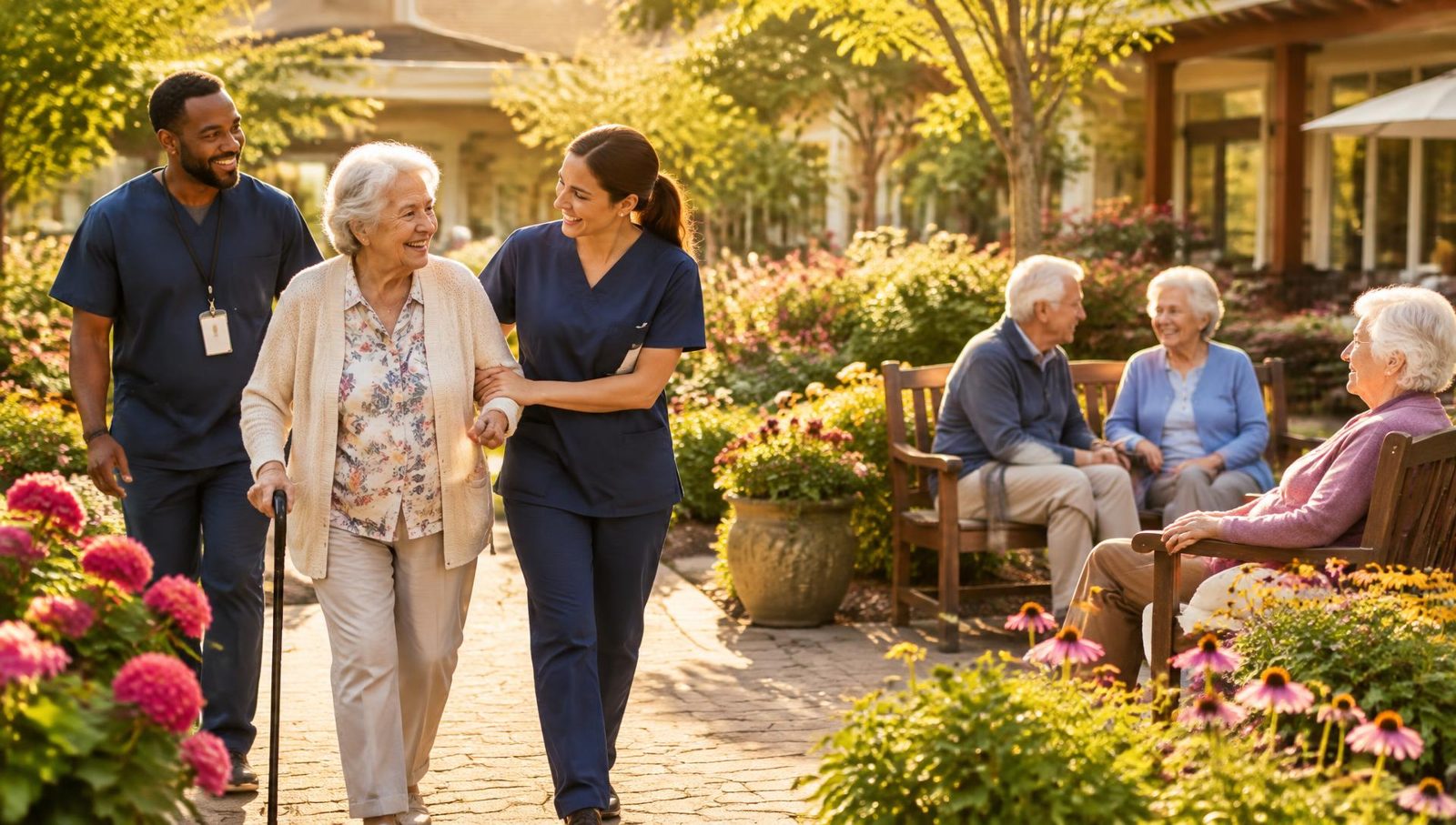 Caregivers walking with a resident in a sunny garden
