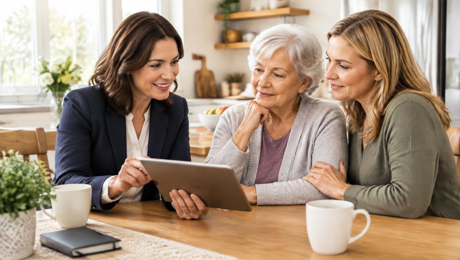 Senior placement advisor reviewing care options with a mother and daughter