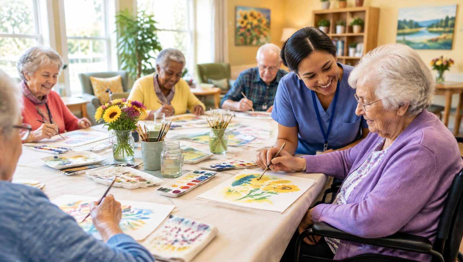 Caregiver helping a resident during an art activity