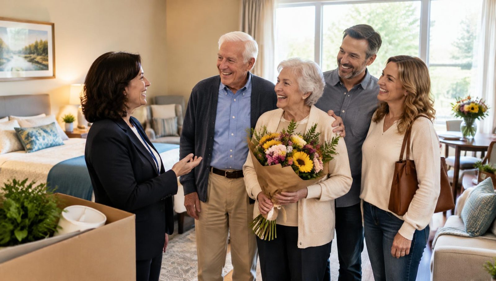 Family celebrating move-in day with their placement advisor