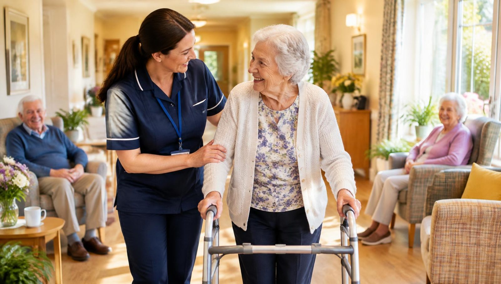 Caregiver helping a resident walk with her walker