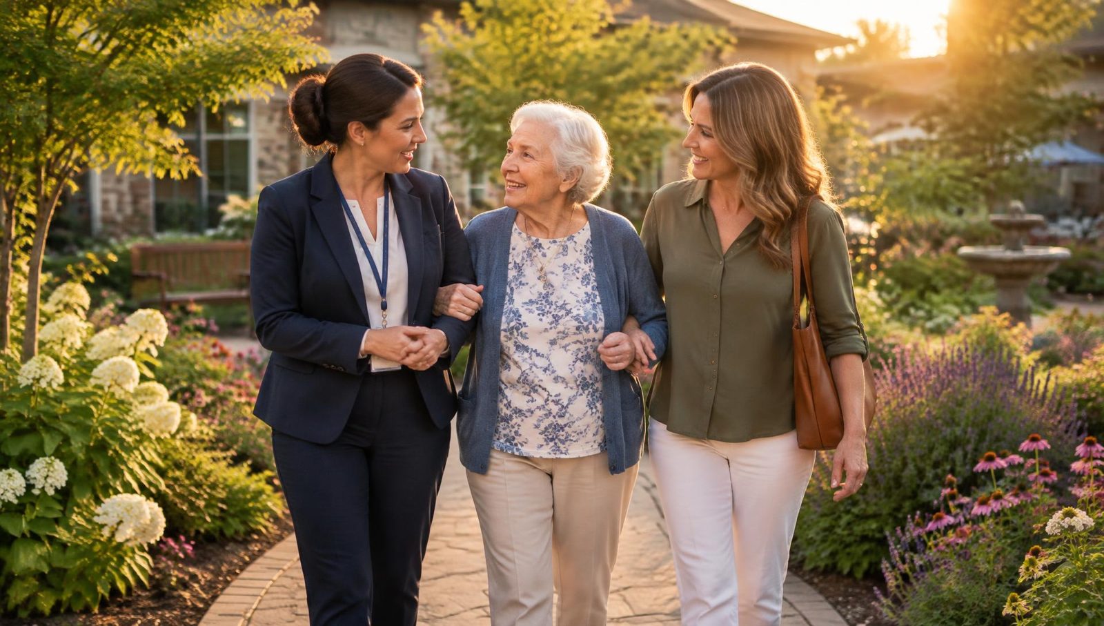Placement advisor walking with a senior and her daughter after a community tour