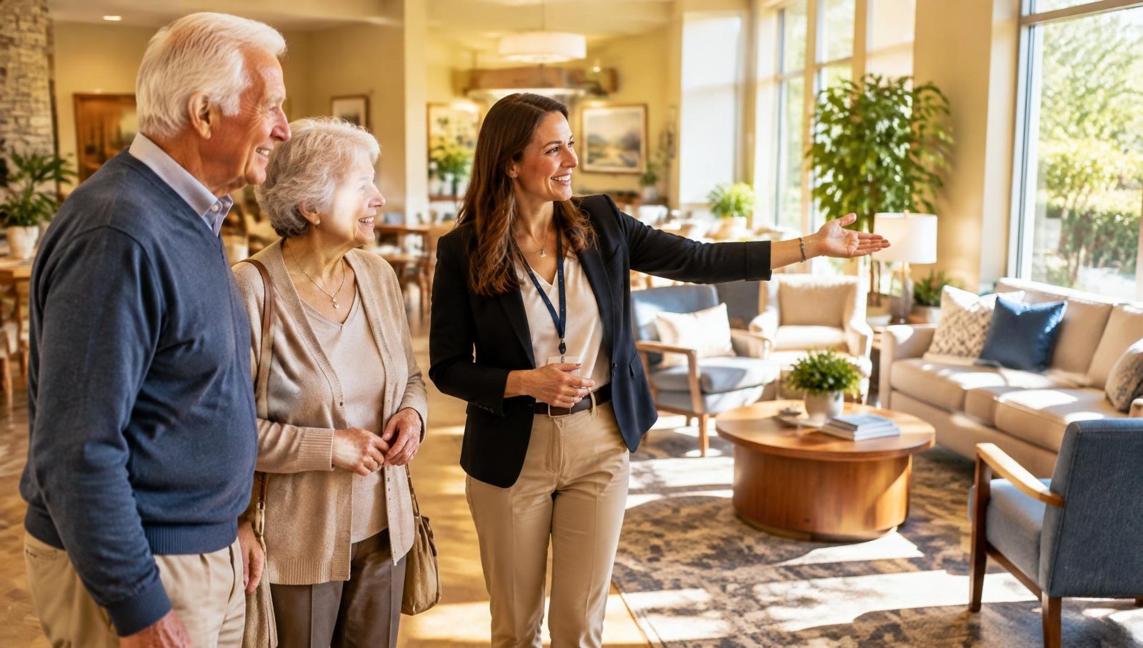 Placement advisor touring a community with an older couple